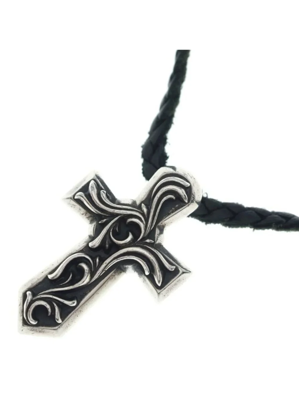 Chrome Hearts Vulcan Cross LB Small Leather Braid Necklace Silver